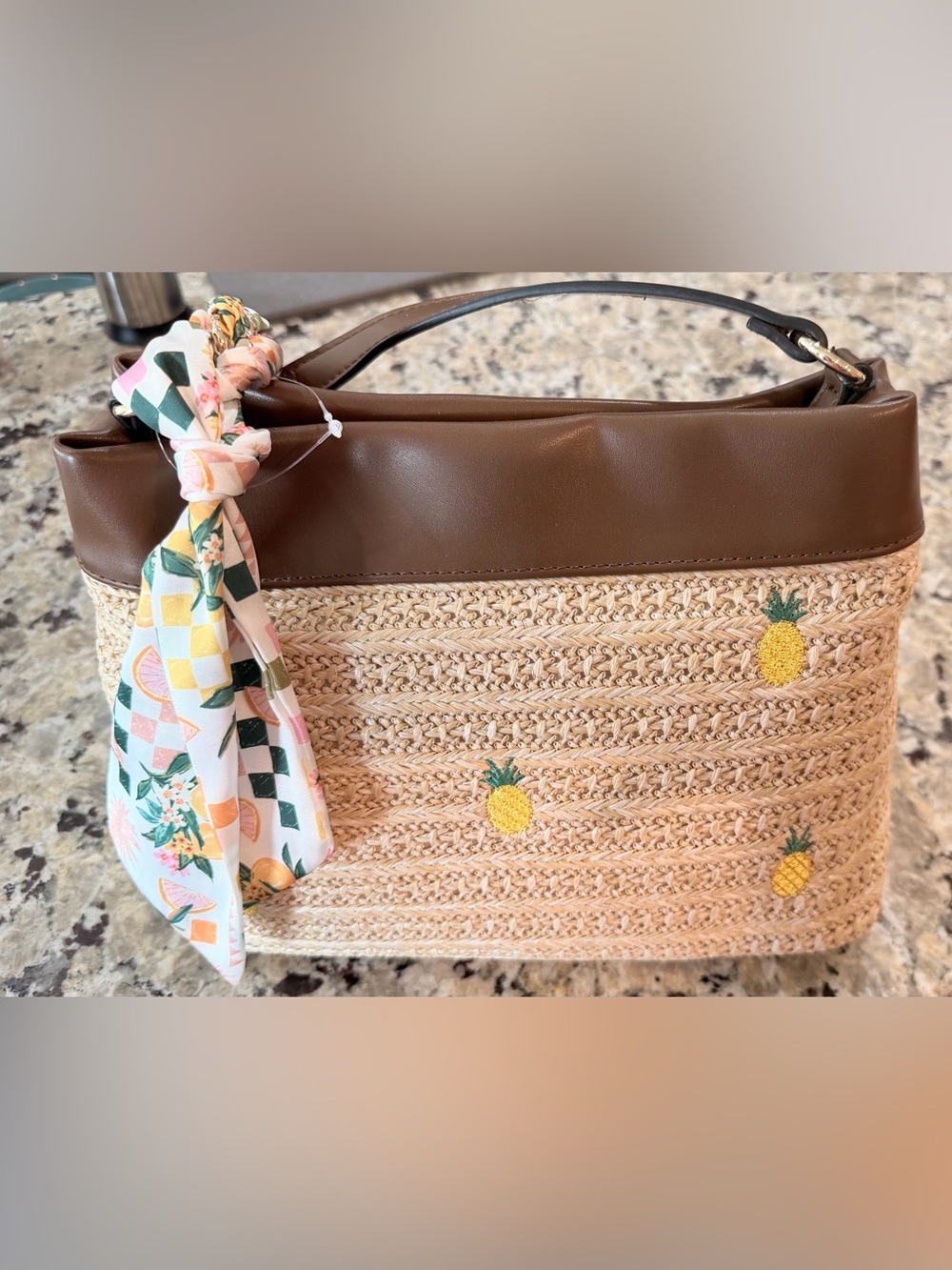 BCBG Generation Pineapple Embroidered Straw Satchel / Shoulder Bag NWT